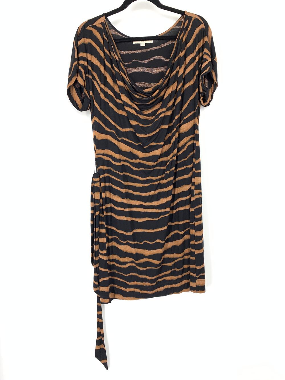 Loft Mini Dress Womens Size M Draped Neck Short Sleeve Belted Tie Brown Black